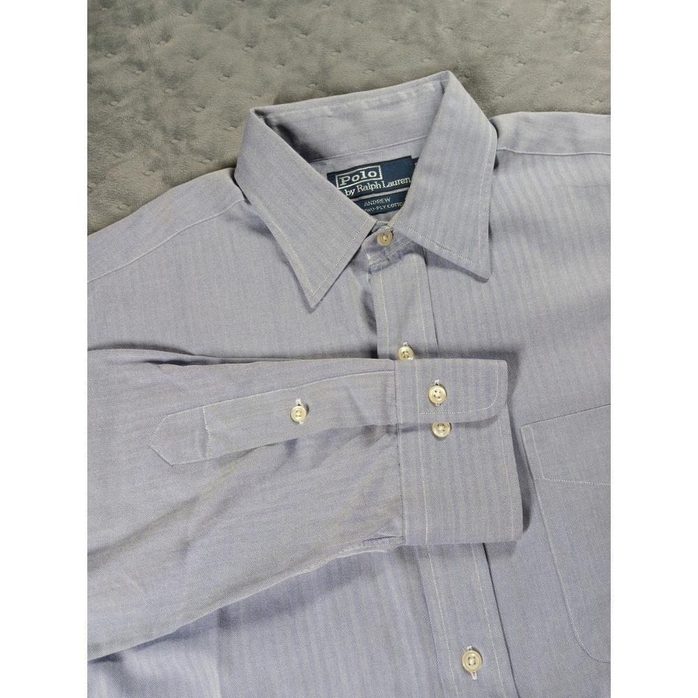 Vintage 1990s Polo Ralph Lauren Andrew Blue Herringbone Dress Shirt 15.5 Prep